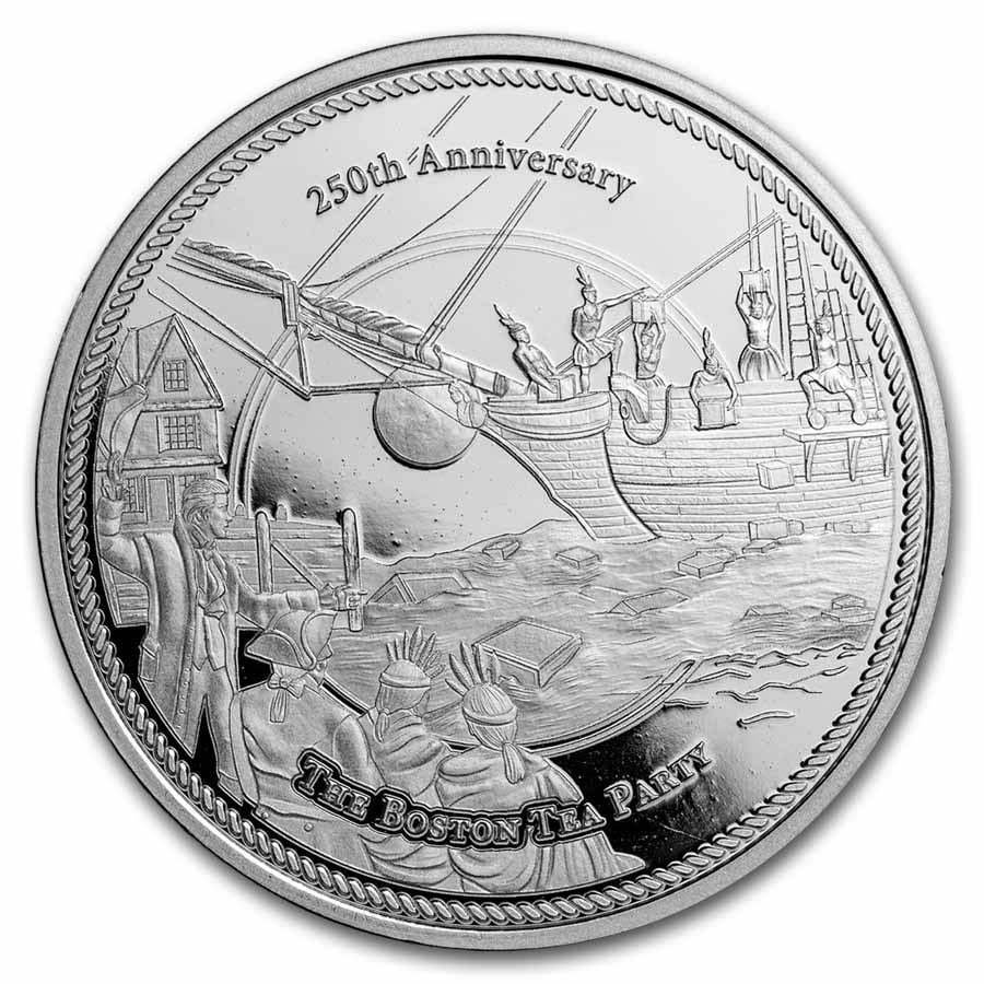 1 oz Silver Round -: 1 oz Silver Round - Boston Tea Party (250th Anniversary) SKU no: RBJ285262 Grade: None Grade Service: None Mint Mark: N/A - Not Available Metal Content: 1 troy oz Purity: .999 Thickness: