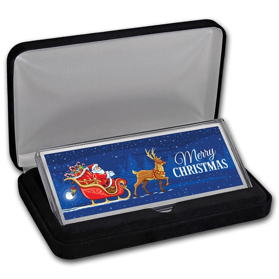 4 oz Silver Colorized Bar: 4 oz Silver Colorized Bar - Santas Sleigh & Reindeer (w/Box) SKU no: RBJ156898 Year: N/A Grade: None Grade Service: None Denomination: 4 oz Mint Mark: N/A - Not Available Metal Content: 4