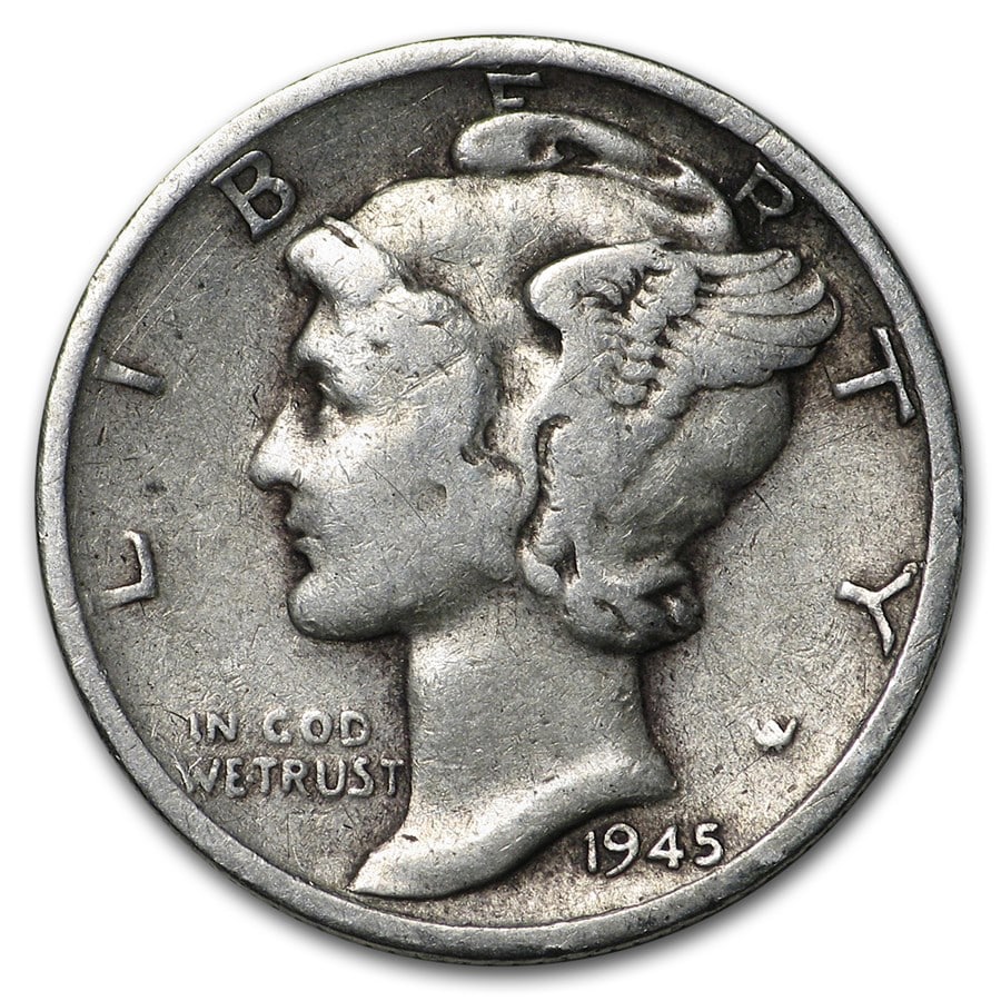 1945-S Mercury Dime Good/VF: 1945-S Mercury Dime Good/VF SKU no: RBJ170164 Year: 1945 Grade: Good or Better Grade Service: None Denomination: $0.10 Mint Mark: S - San Francisco Metal Content: 0.0715 troy oz