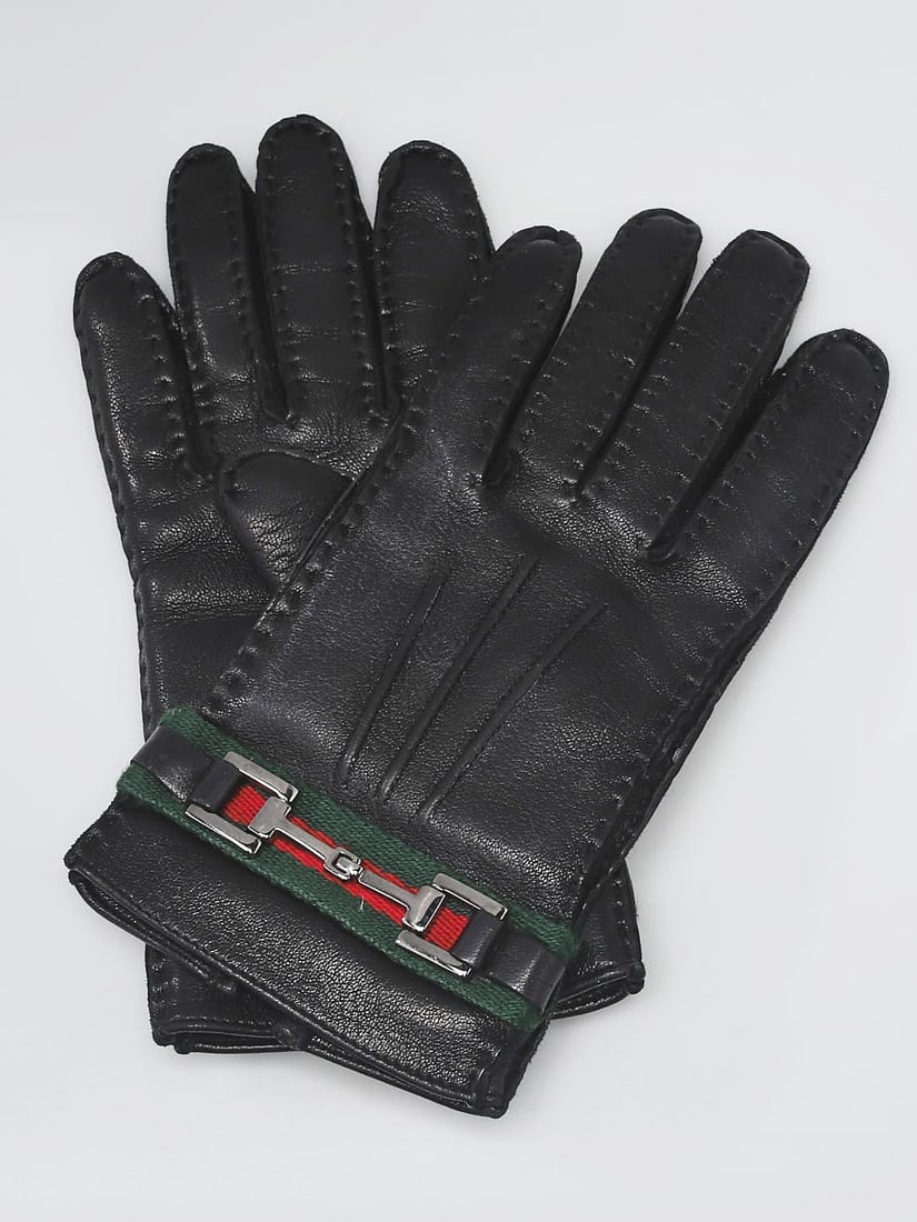 Gucci Black Leather Vintage Web Gloves: Gucci Black Leather Vintage Web Gloves Overall Condition: Gently used Designer: Gucci Material: Black leather Includes: None Origin: Italy Measurements: 8" L (from base to middle finger tip) x 7"