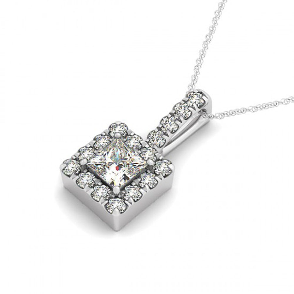 0.8 ctw Princess Certified VS/SI Diamond Halo Necklace 14k White Gold: 0.8 ctw Princess Certified VS/SI Diamond Halo Necklace 14k White Gold Item: Diamond Necklace Total Gem weight: 0.8 carats Metal: Solid 14k White Gold Gold Product Weight: Approx. 3.4 grams Jewelr