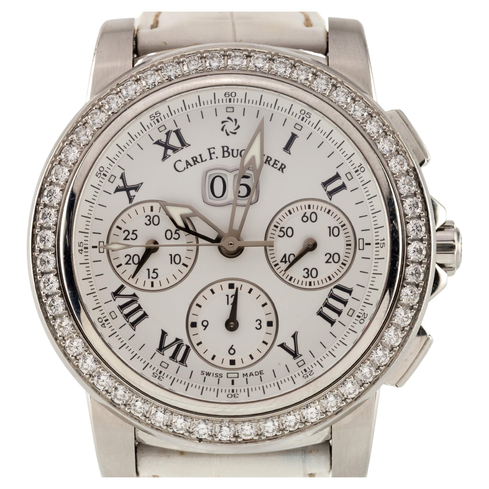 Carl F. Bucherer Patravi: Carl F. Bucherer Patravi Chronodate Automatic Watch with Diamond Bezel Brand: Carl F. Bucherer Case Material: Stainless Steel Stone: Diamond Stone Cut: Round Cut Weight: 109.3 g Strap Material: Le