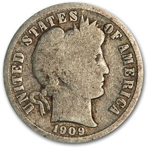 1909-O Barber Dime Good/VG: 1909-O Barber Dime Good/VG SKU no: RBJ5846 Year: 1909 Grade: Good/Very Good Grade Service: None Denomination: 10 Cents Mint Mark: O - New Orleans Metal Content: 0.0715 troy oz Pu