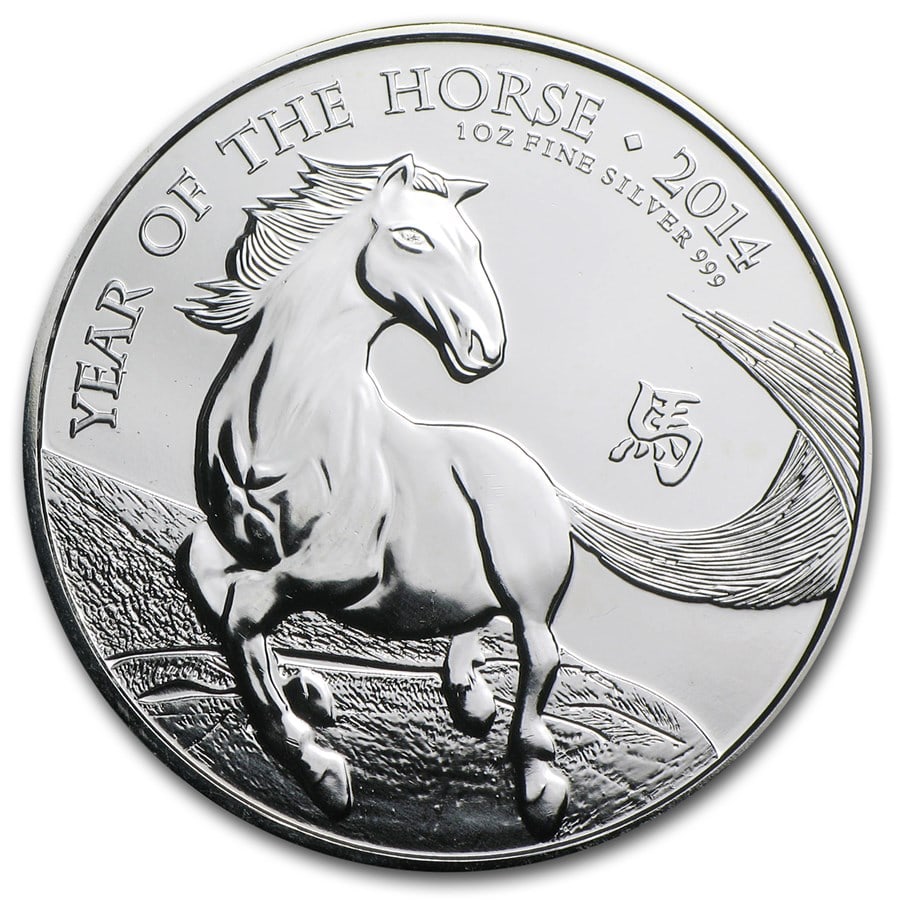 2014 Great Britain 1 oz Silver: 2014 Great Britain 1 oz Silver Year of the Horse (Spotted) SKU no: RBJ81016 Year: 2014 Grade: Uncirculated Grade Service: None Denomination: 2 pounds Mint Mark: Not Shown Metal Content: 1
