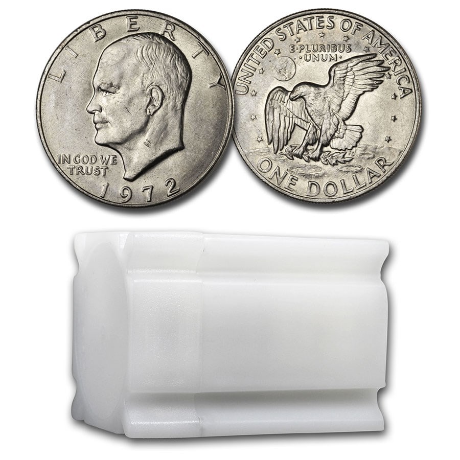 1972 Clad Eisenhower Dollars 20-Coin Roll: 1972 Clad Eisenhower Dollars 20-Coin Roll BU SKU no: RBJ22380 Year: 1972 Grade: MS-62 Grade Service: None Denomination: $1.00 Mint Mark: P - Philadelphia (Not Shown) Metal Content: 0 troy
