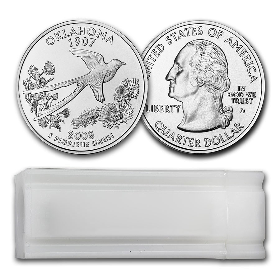 2008-D Oklahoma Statehood Quarter 40-Coin Roll: 2008-D Oklahoma Statehood Quarter 40-Coin Roll BU SKU no: RBJ13340 Year: 2008 Grade: Brilliant Unc Grade Service: None Denomination: 25 Cents Mint Mark: D - Denver Metal Content: 0 troy o