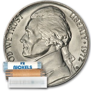 1972-D Jefferson Nickel 40-Coin Roll BU: 1972-D Jefferson Nickel 40-Coin Roll BU SKU no: RBJ27103 Year: 1972 Grade: Brilliant Unc Grade Service: None Denomination: 5 Cents Mint Mark: D - Denver Metal Content: 0 troy oz