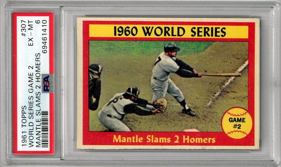 Mickey Mantle 1961 Topps WS: Mickey Mantle 1961 Topps WS Game 2/Slams 2 Homers Card #307- PSA Graded 6 EX-MT Mickey Mantle 1961 Topps WS Game 2/Slams 2 Homers Card #307- PSA Graded 6 EX-MT