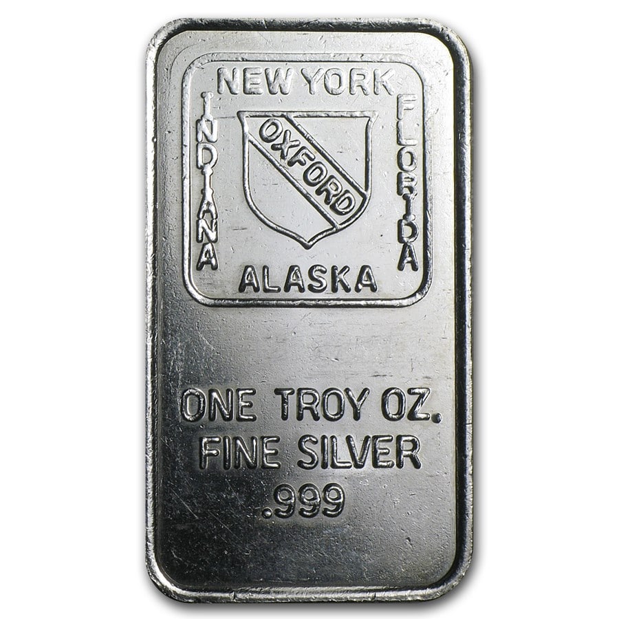 1 oz Silver Bar - Oxford: 1 oz Silver Bar - Oxford Mint (Random Motif) SKU no: RBJ73247 Year: N/A Grade: None Grade Service: None Mint Mark: N/A - Not Available Metal Content: 1 troy oz Purity: .999 Thick