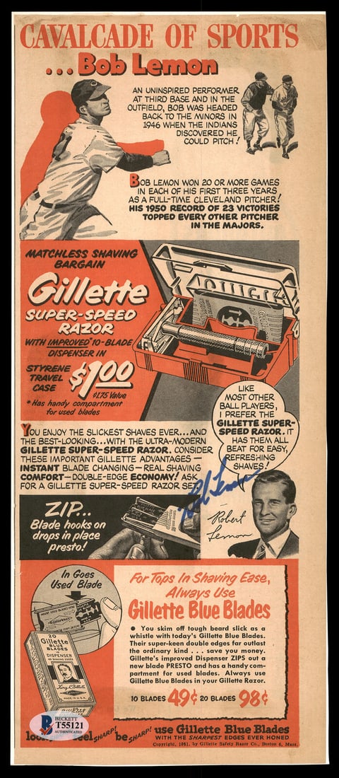 Bob Lemon Autographed 5.25x13 Gillette: Bob Lemon Autographed 5.25x13 Gillette Ad Advertisement Indians Beckett T55121 Bob Lemon Autographed 5.25x13 Gillette Ad Advertisement Indians Beckett T55121
