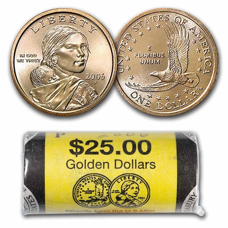 2006-P Sacagawea Dollar (25-Coin Mint Roll): 2006-P Sacagawea Dollar (25-Coin Mint Roll) BU SKU no: RBJ206454 Year: 2006 Grade: Brilliant Unc Grade Service: None Denomination: $1.00 Mint Mark: P - Philadelphia Metal Content: 0 troy