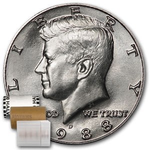 1988-D Kennedy Half Dollar 20-Coin Roll: 1988-D Kennedy Half Dollar 20-Coin Roll BU SKU no: RBJ19165 Year: 1988 Grade: Brilliant Unc Grade Service: None Denomination: 50 Cents Mint Mark: D - Denver Metal Content: 0 troy oz <
