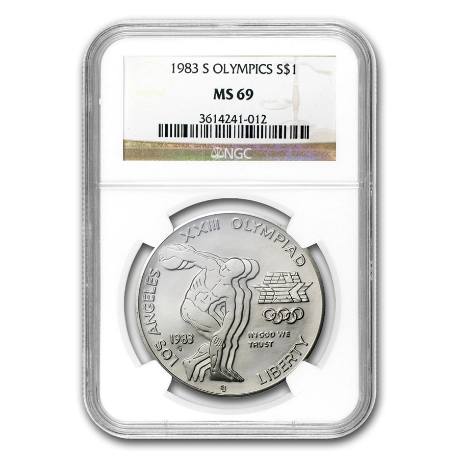 1983-S Olympic $1 Silver Commem MS-69: 1983-S Olympic $1 Silver Commem MS-69 NGC SKU no: RBJ72139 Year: 1983 Grade Service: NGC Denomination: 1 Dollar Metal Content: 0.7734 troy oz Purity: .900 Thickness: 3.1 mm Diame
