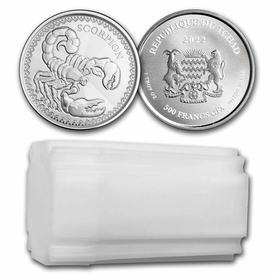 2022 Republic of Chad 1 oz: 2022 Republic of Chad 1 oz Silver Scorpion BU SKU no: RBJ279439 Year: 2022 Grade: Brilliant Unc Grade Service: Other Denomination: 1 Dollar Mint Mark: Not Shown Metal Content: 1 troy oz <