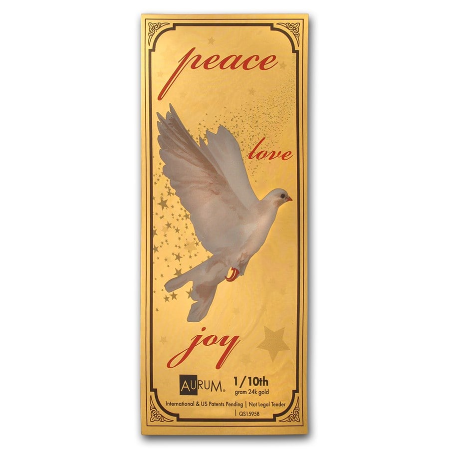 1/10 gram Gold Aurum Note -: 1/10 gram Gold Aurum Note - Peace Dove, 24K SKU no: RBJ156420 Year: N/A Not Available Grade: (U) Crisp Unc Grade Service: None Denomination: 1/10 gram Mint Mark: N/A - Not Available Metal
