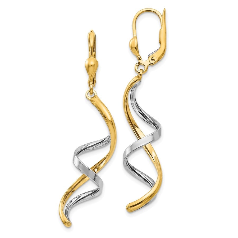 14k Two-tone Spiral Leverback Earrings: 14k Two-tone Spiral Leverback Earrings SKU no: RBJ166124 Metal: Gold Purity: 14k Length Of Item: 45 mm Earring Closure: Leverback Earring Type: Drop & Dangle