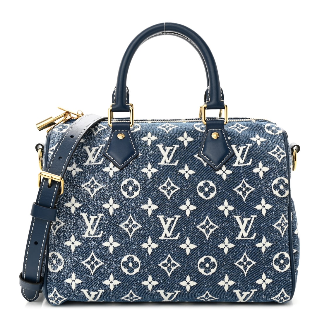 Louis Vuitton LOUIS VUITTON Monogram: Louis Vuitton LOUIS VUITTON Monogram Jacquard Denim Speedy Bandouliere 25 Bleu Brand: LOUIS VUITTON Condition: Excellent Condition Details: Handle: Scuffs, Exterior: Faint scuffs, Hardware: Faint scra