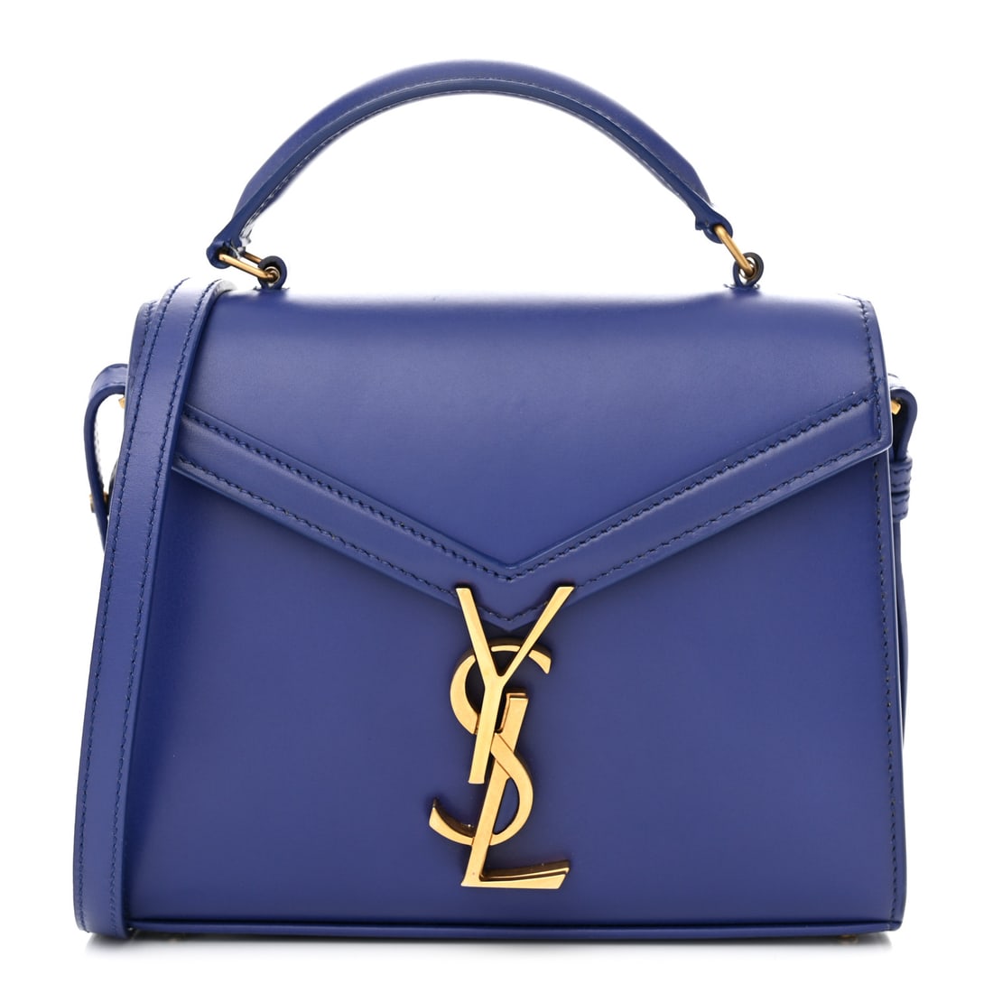 Saint Laurent Calfskin Mini Classic Monogram: Saint Laurent Calfskin Mini Classic Monogram Cassandra Top Handle Bag Majorelle Item #: 1430428 Condition: Very Good Condition Details: Interior: Residue marks, scuffs, pocket(s) stretched, Exterior: 