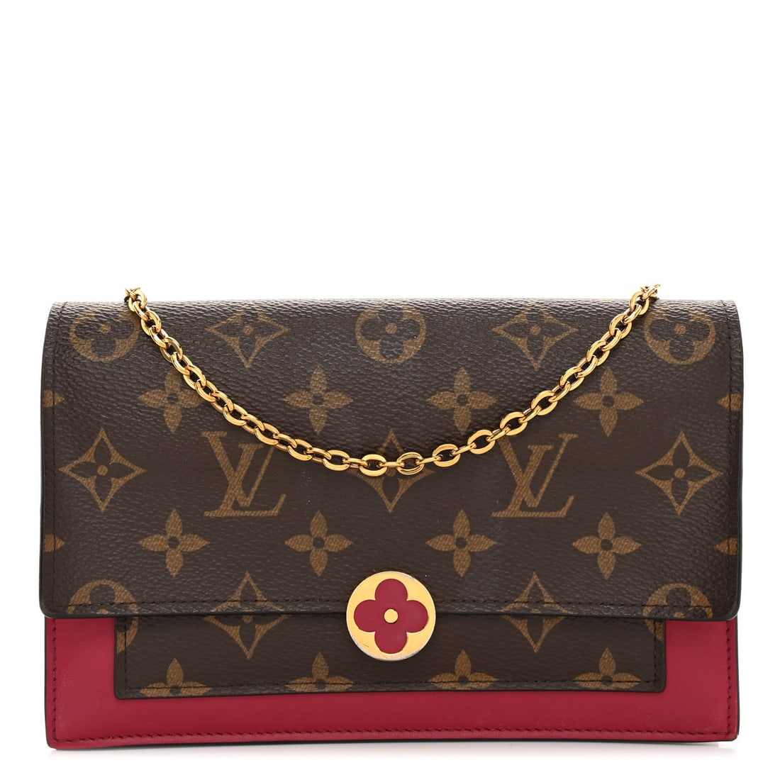 Louis Vuitton Monogram Flore Chain Wallet: Louis Vuitton Monogram Flore Chain Wallet Fuchsia Brand: LOUIS VUITTON Condition: Shows Wear Condition Details: Exterior: Corner wear, warped or bent, creases, curling, marks, wear at resin glazing, I