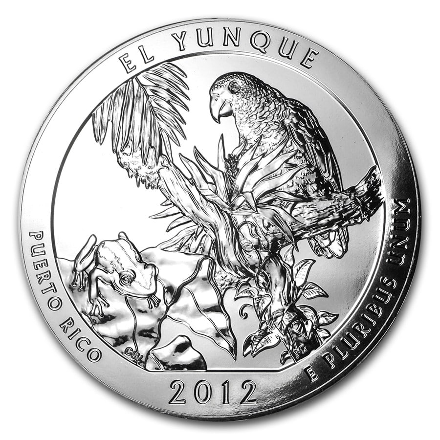 2012 5 oz Silver ATB El: 2012 5 oz Silver ATB El Yunque National Park, Puerto Rico SKU no: RBJ67056 Year: 2012 Grade: Brilliant Unc Grade Service: None Denomination: 25 Cents Mint Mark: P - Philadelphia (Not Shown)