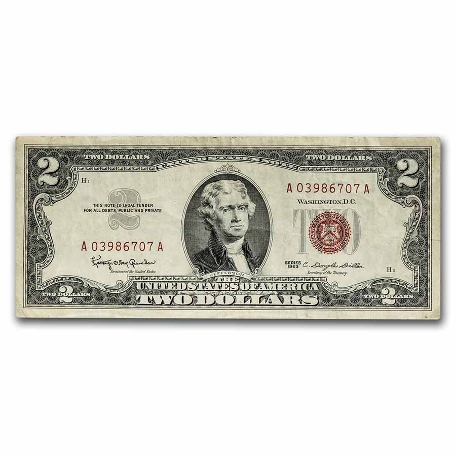 1963 $2.00 U.S. Note Red Seal: 1963 $2.00 U.S. Note Red Seal VF (Fr#1513) SKU no: RBJ237999 Year: 1963 Grade: Very Fine Grade Service: None Denomination: 2 Dollars Mint Mark: N/A - Not Available Metal Content: 0 troy o