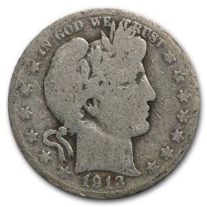 1913-S Barber Half Dollar AG: 1913-S Barber Half Dollar AG SKU no: RBJ13768 Year: 1913 Grade: Almost Good Grade Service: None Denomination: 50 Cents Mint Mark: S - San Francisco Metal Content: 0.3575 troy oz