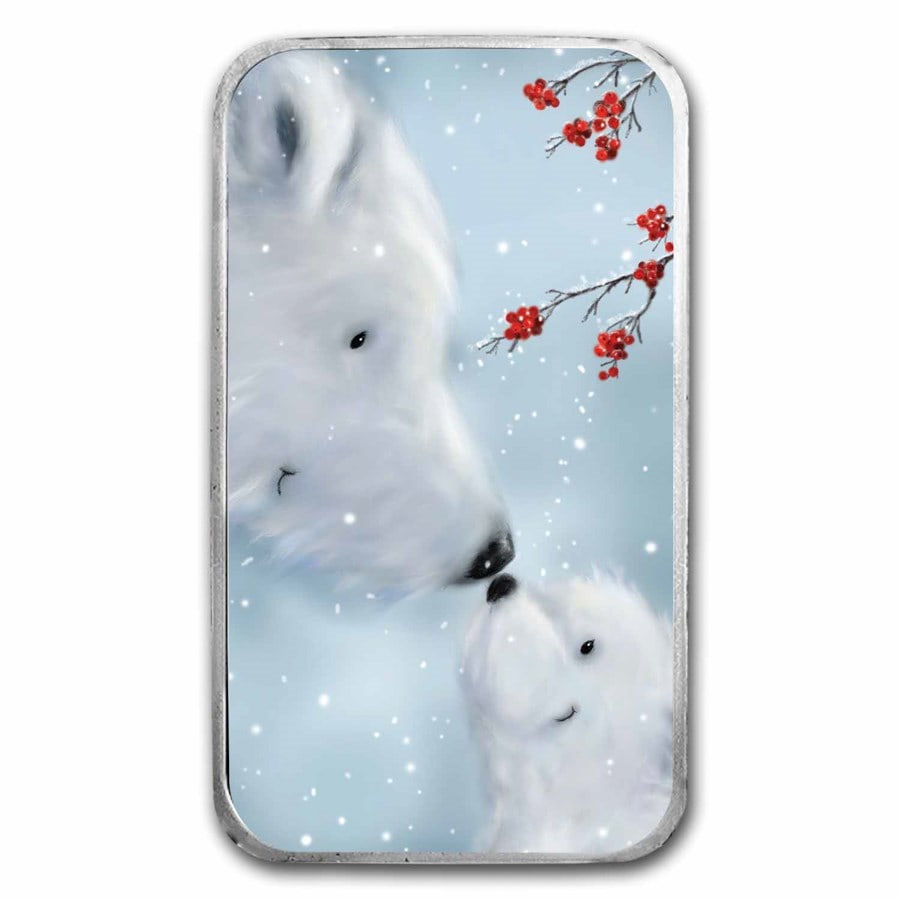 1 oz Silver Colorized Bar -: 1 oz Silver Colorized Bar - Polar Bears, Wintry Scene SKU no: RBJ237276 Year: N/A Grade: None Grade Service: None Mint Mark: N/A - Not Available Metal Content: 1 troy oz Purity: .999