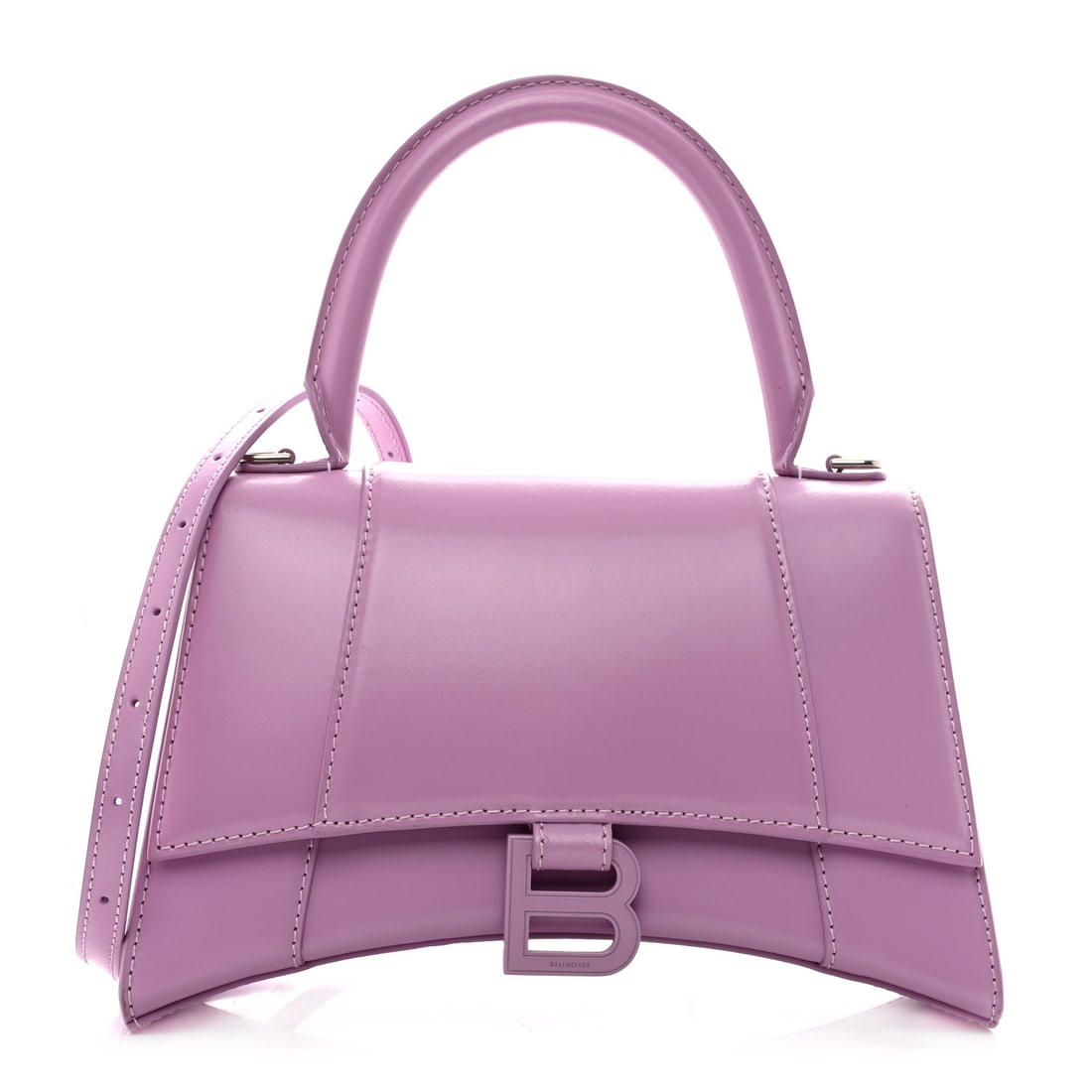 Balenciaga Shiny Box Calfskin Tonal B: Balenciaga Shiny Box Calfskin Tonal B Small Hourglass Top Handle Bag Lilac Brand: BALENCIAGA Condition: Excellent Condition Details: Exterior: Scuffs, Handle: Creases, sizing marks, Interior: Scuffs,