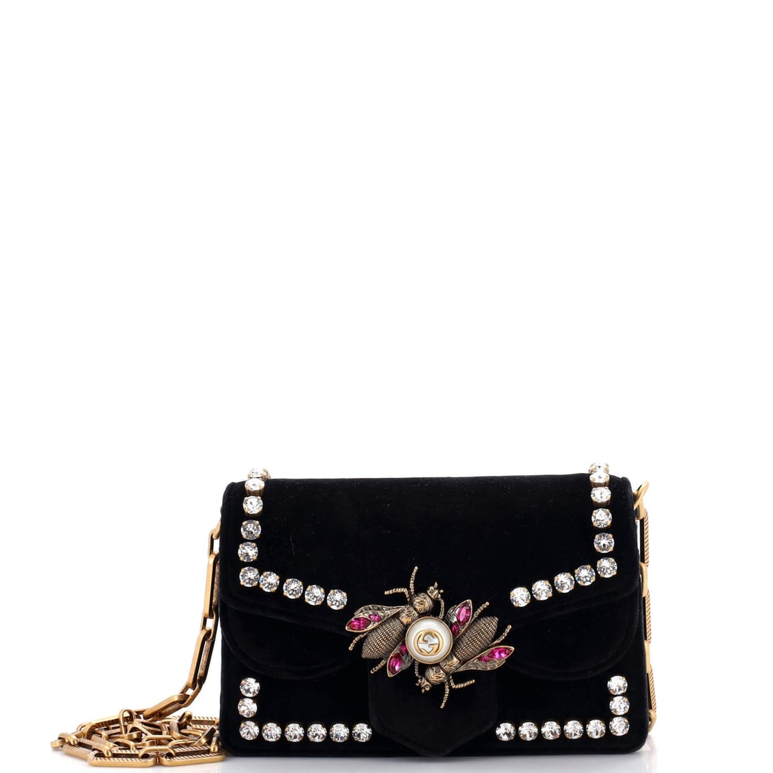 Gucci Broadway Pearly Bee Shoulder Bag: Gucci Broadway Pearly Bee Shoulder Bag Crystal Embellished Velvet Mini Exterior Color: Black Interior Color: Neutral Exterior Material: Velvet Interior Material: Leather Hardware Color: Aged Gold