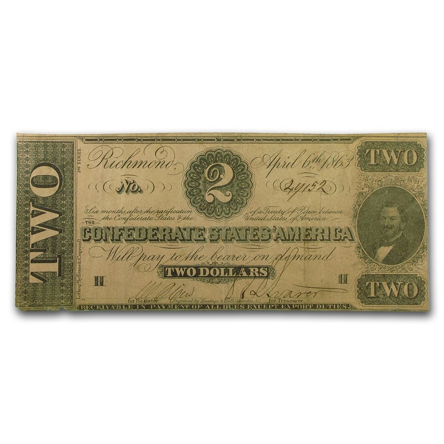 1863 $2.00 (T-61) Judah Benjamin Fine: 1863 $2.00 (T-61) Judah Benjamin Fine SKU no: RBJ101647 Year: 1863 Grade: Fine Grade Service: None Denomination: $2.00 Mint Mark: N/A - Not Available Metal Content: 0 troy oz Pur
