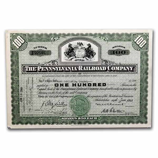 The Pennsylvania Railroad Company Older Stock: The Pennsylvania Railroad Company Older Stock Certificate (Green) SKU no: RBJ238422 Year: 1930-50s Grade: None Grade Service: None Mint Mark: N/A - Not Available Metal Content: 0 troy oz