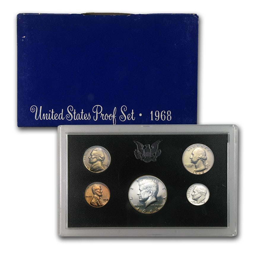 1968-S U.S. Proof Set: 1968-S U.S. Proof Set SKU no: RBJ1146 Year: 1968 Grade: Proof Grade Service: None Denomination: Varies Mint Mark: S - San Francisco Metal Content: 0.1479 troy oz Purity: Other