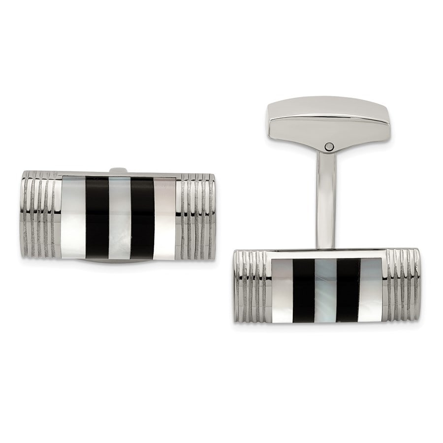 Stainless Steel Polished Mother of Pearl: Stainless Steel Polished Mother of Pearl And Onyx Cuff Links SKU no: RBJ214146 Metal: Stainless Steel Finish: Polished Stone Type: Mother of Pearl Stone Type 2: Onyx Stone Color 2: Black