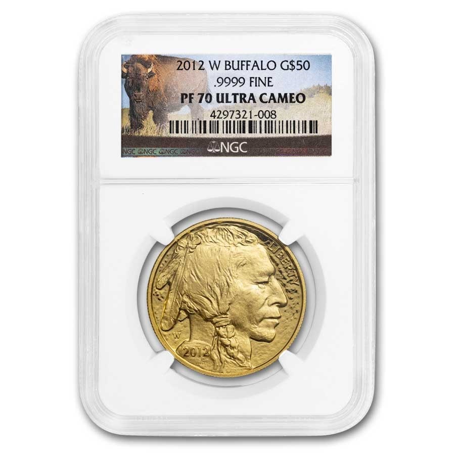 2012-W 1 oz Proof Gold Buffalo: 2012-W 1 oz Proof Gold Buffalo PF-70 NGC SKU no: RBJ69503 Year: 2012 Grade Service: NGC Denomination: $50 Metal Content: 1 troy oz Purity: .9999 Thickness: 2.95 mm Diameter: 32.7