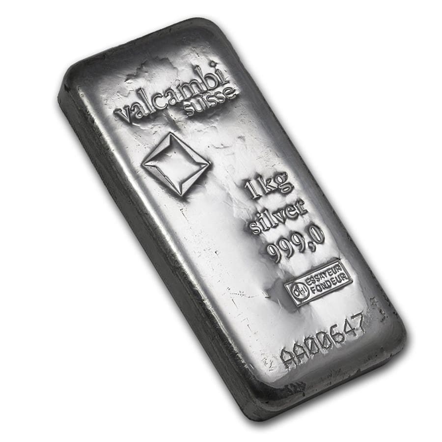 1 kilo Silver Bar - Valcambi: 1 kilo Silver Bar - Valcambi (Cast, w/Assay) SKU no: RBJ86730 Year: N/A Grade: None Grade Service: Assay Card Denomination: 1 kilo Mint Mark: N/A - Not Available Metal Content: 32.15 troy