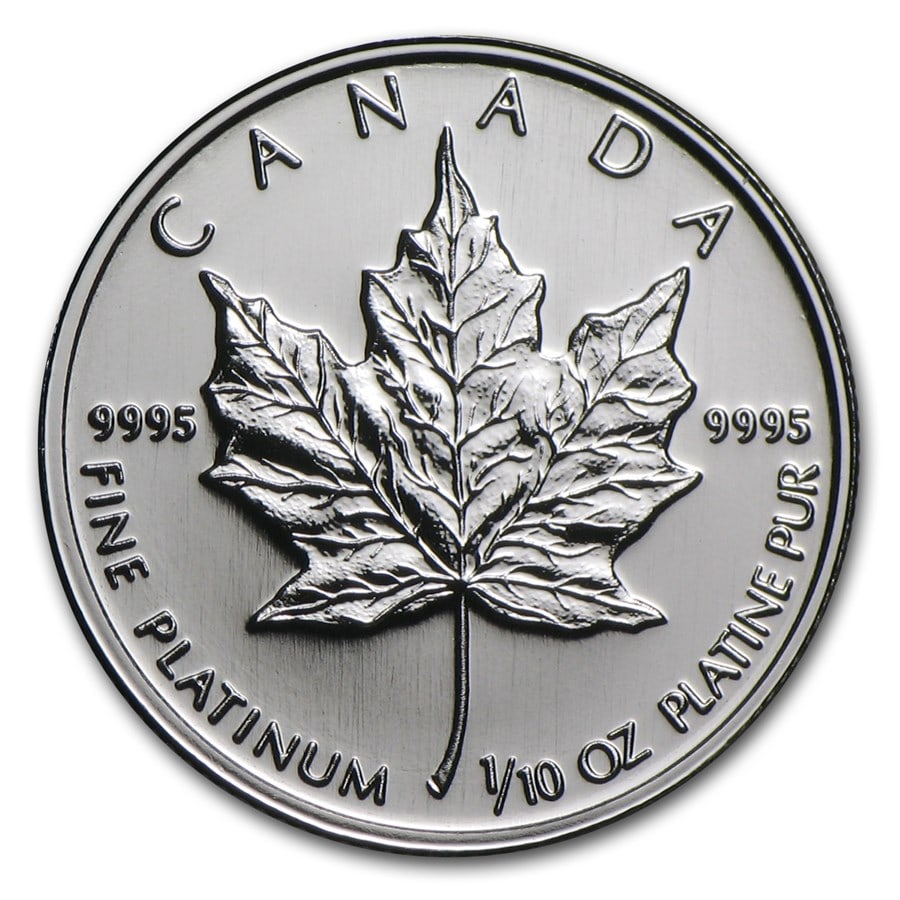 Canada 1/10 oz Platinum Maple Leaf: Canada 1/10 oz Platinum Maple Leaf BU (Random Year) SKU no: RBJ7480 Year: Random Grade: Brilliant Unc Grade Service: None Denomination: 5 Dollars Mint Mark: RCM (Not Shown) Metal Content: