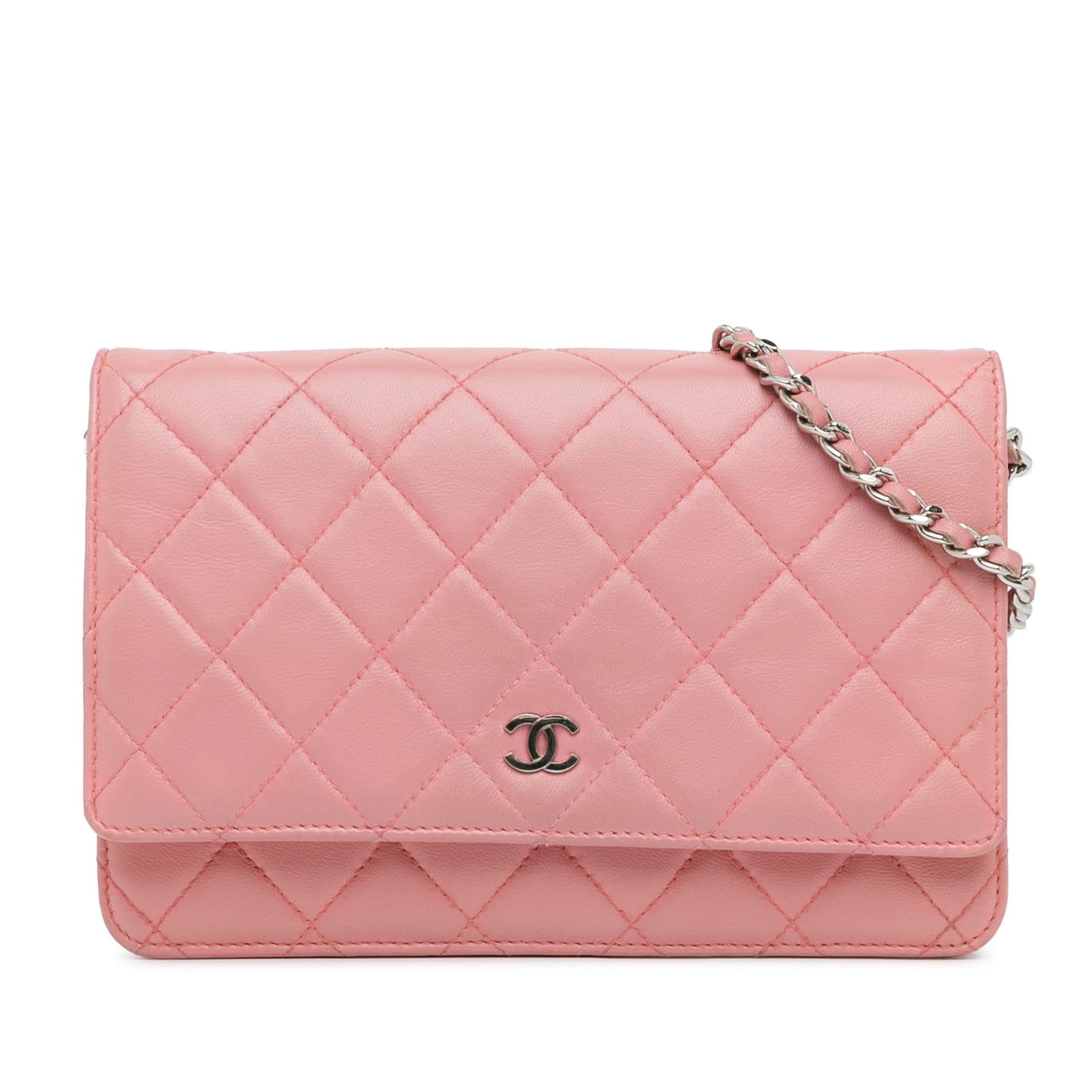 Chanel CC Quilted Lambskin Wallet On: Chanel CC Quilted Lambskin Wallet On Chain Condition Quality: Exterior Front Scratched. Exterior Back stained with Other. Exterior Bottom stained with Other. Exterior Handle stained with Other. Exteri