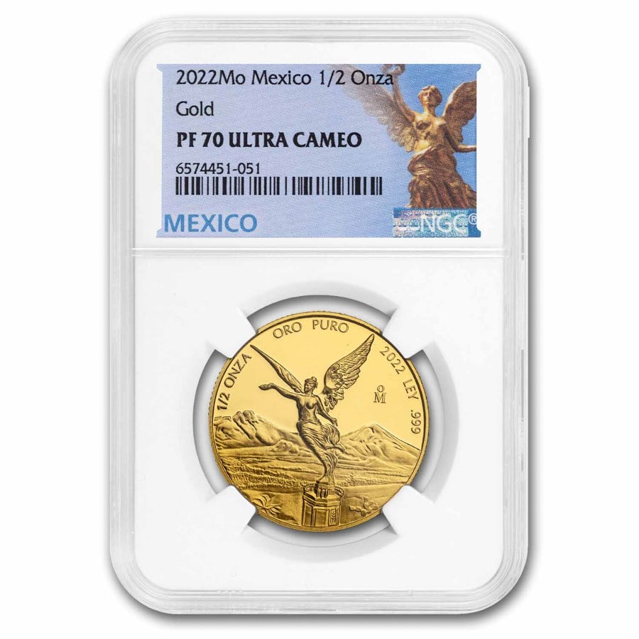 2022 Mexico 1/2 oz Gold Libertad: 2022 Mexico 1/2 oz Gold Libertad PF-70 NGC SKU no: RBJ284106 Year: 2022 Grade: Proof - 70 UCAM Grade Service: NGC Mint Mark: Mo - Mexico City Metal Content: 0.5 troy oz Purity: .999 <