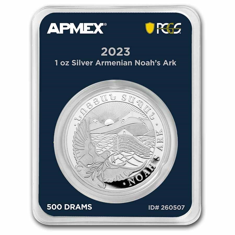 2023 Armenia 1 oz Silver Noahs: 2023 Armenia 1 oz Silver Noahs Ark (MD Premier + PCGS FS) SKU no: RBJ260507 Year: 2023 Grade: Brilliant Unc Grade Service: None Denomination: 500 Drams Mint Mark: Not Shown Metal Content: