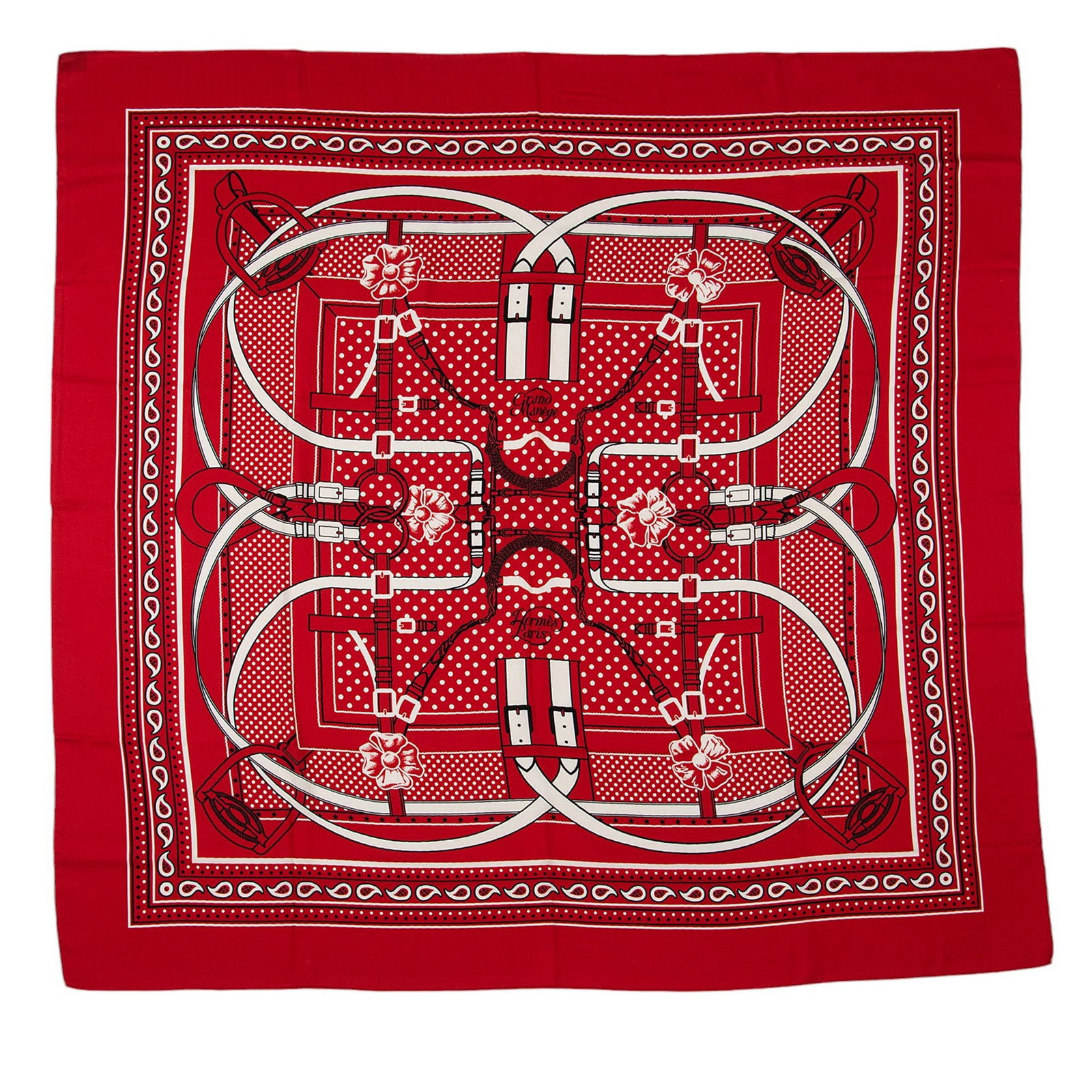 Hermes Cashmere Silk Grand Manege 140cm: Hermes Cashmere Silk Grand Manege 140cm Shawl Condition Quality: No notable wear. Length: 55" Width: 55" Type of Material: Cashmere, Silk Color: Black, Red, White Origin: France SKU no: R
