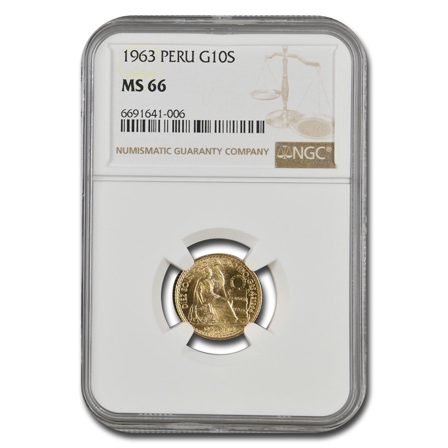 1963 Peru Gold 10 Soles Liberty: 1963 Peru Gold 10 Soles Liberty MS-66 NGC SKU no: RBJ287966 Year: 1963 Grade Service: NGC Denomination: 10 Soles Metal Content: 0.1356 troy oz Purity: .900 Thickness: N/A mm Diam
