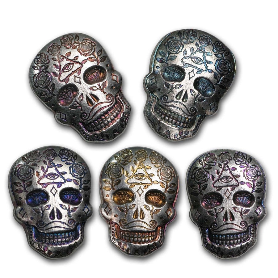 2 oz Hand Poured Silver Skull: 2 oz Hand Poured Silver Skull - Day of the Dead: All Seeing Eye SKU no: RBJ170561 Year: N/A Grade: None Grade Service: None Mint Mark: N/A - Not Available Metal Content: 2 troy oz Purity: