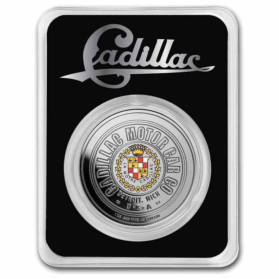 Cadillac Motor Car Company Logo Colorized: Cadillac Motor Car Company Logo Colorized 1 oz Silver w/ TEP SKU no: RBJ254339 Year: N/A Grade: None Grade Service: None Mint Mark: N/A - Not Available Metal Content: 1 troy oz Purity: .9