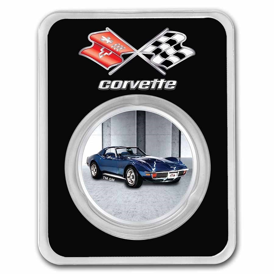 Corvette (1972) Blue Stingray 1 oz: Corvette (1972) Blue Stingray 1 oz Colorized Silver w/ TEP SKU no: RBJ258230 Grade: None Grade Service: Other Mint Mark: N/A - Not Available Metal Content: 1 troy oz Purity: .999 Diameter