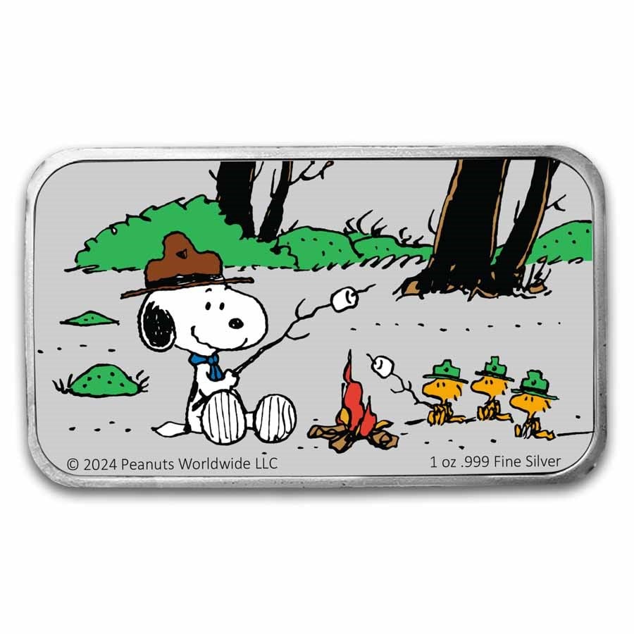 Peanuts Beagle Scout Camping Adventure 1: Peanuts Beagle Scout Camping Adventure 1 oz Colorized Silver Bar SKU no: RBJ295332 Grade: None Grade Service: None Mint Mark: N/A - Not Available Metal Content: 1 troy oz Purity: .999 Thi
