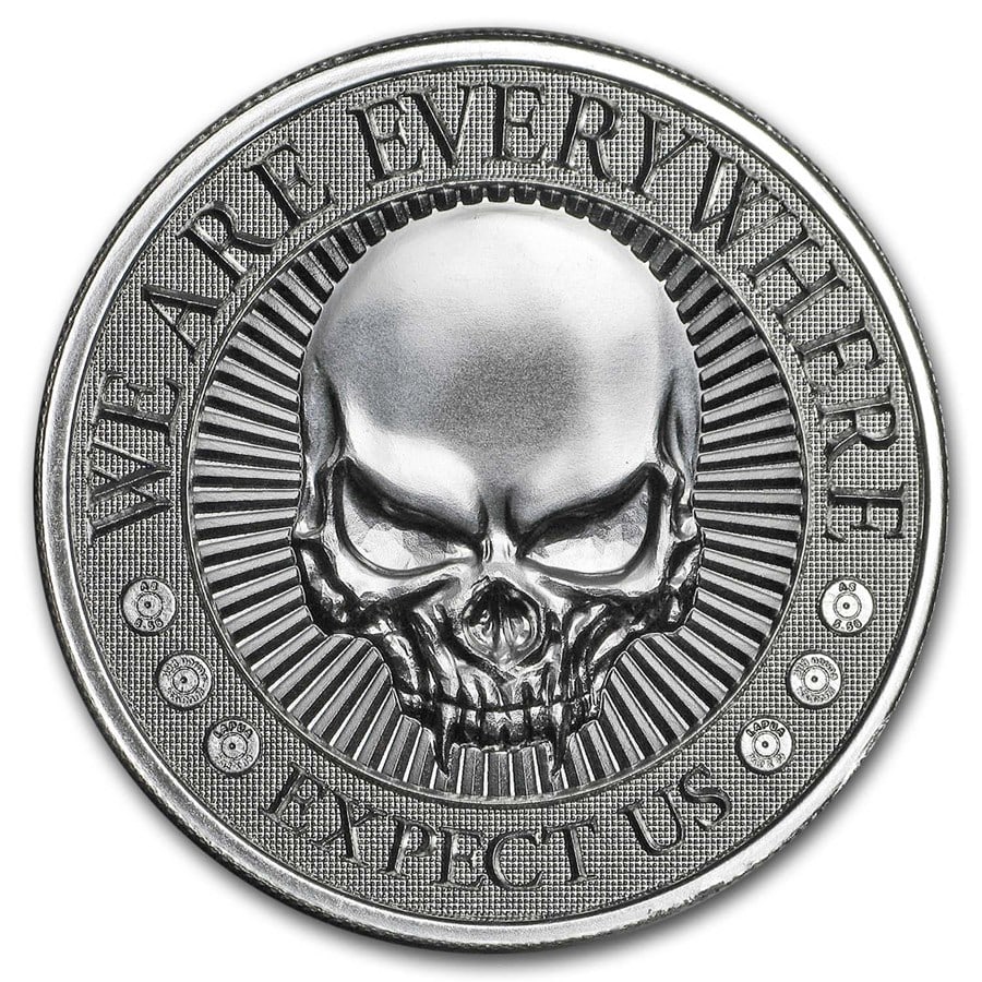 2 oz UHR Silver Round -: 2 oz UHR Silver Round - Deuce Head Four Skull SKU no: RBJ163243 Grade: None Grade Service: None Mint Mark: N/A - Not Available Metal Content: 2 troy oz Purity: .999 Thickness: 6 mm <b