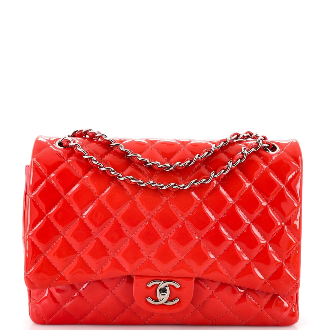 Chanel Classic Double Flap Bag Quilted Patent Maxi: Chanel Classic Double Flap Bag Quilted Patent Maxi Exterior Color: Orange Interior Color: Orange, Pink Exterior Material: Patent Leather Interior Material: Leather Hardware Color: Silver Estimated