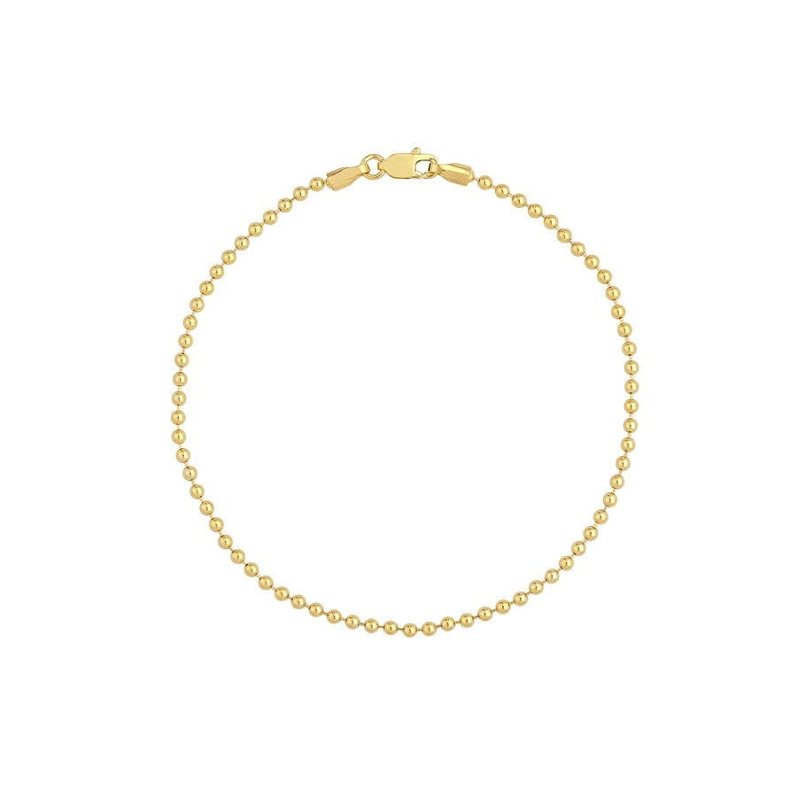 14K Yellow/ Gold 2 mm Bead: 14K Yellow/ Gold 2 mm Bead Chain Bracelet w/ Lobster - 7.5 in. SKU no: RBJ261168 Purity: 14K Finish: Polished Length Of Item: 7.5in Chain Type: Bead Chain Width: 2mm Clasp/Connector: Lobs