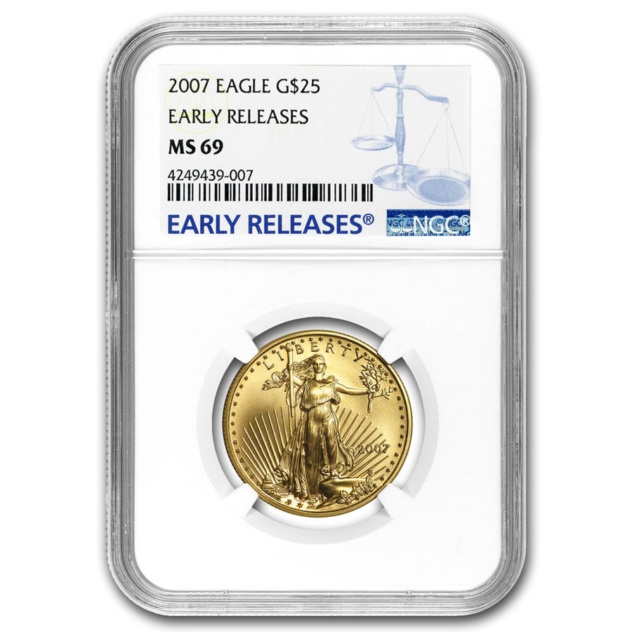 2007 1/2 oz American Gold Eagle: 2007 1/2 oz American Gold Eagle MS-69 NGC (Early Releases) SKU no: RBJ23333 Year: 2007 Grade Service: NGC Denomination: 25 Dollars Metal Content: 0.5 troy oz Purity: .9167 Thickness: 2.24
