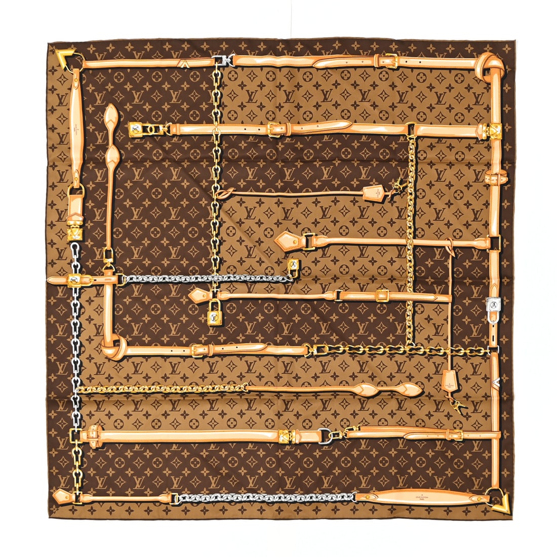 Louis Vuitton LOUIS VUITTON Silk Monogram: Louis Vuitton LOUIS VUITTON Silk Monogram Confidential Square Scarf Brown Brand: LOUIS VUITTON Condition: Excellent Condition Details: Exterior: Frayed stitch(es), Length: 35 in Height: 35 in SKU